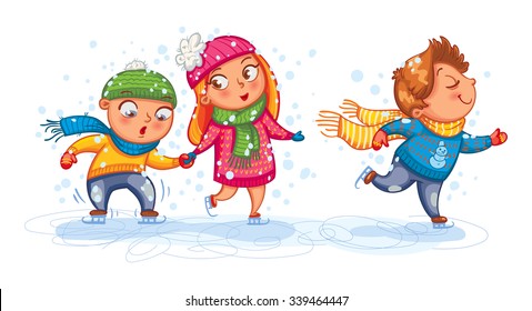 Playing outdoor. Funny children are skating. Cute cartoon character. Vector illustration. Isolated on white background