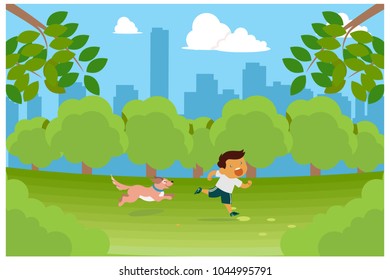 playing in the park with dogs, vector illustration