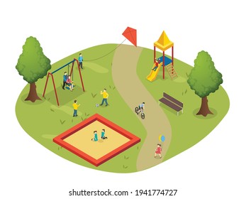 Playing at park isometric 3d vector concept for banner, website, illustration, landing page, flyer, etc.