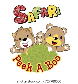 playing peek a boo with bear and leopard, vector cartoon illustration