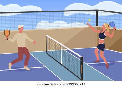 Playing pickleball. New indoor or outdoor racket sport with solid-faced paddles, that combines many elements of tennis, badminton and ping-pong. Editable vector illustration. Horizontal background