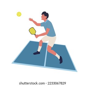 Playing pickleball. New indoor or outdoor racket sport with solid-faced paddles, that combines many elements of tennis, badminton and ping-pong. Editable vector illustration on a white background