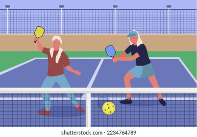 Playing pickleball. New indoor or outdoor racket sport with solid-faced paddles, that combines many elements of tennis, badminton and ping-pong. Editable vector illustration. Horizontal background