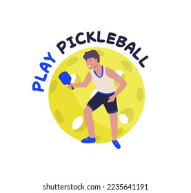 Playing pickleball. New indoor or outdoor racket sport with solid-faced paddles, that combines many elements of tennis, badminton and ping-pong. Editable vector illustration. Horizontal background