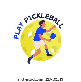 Playing pickleball. New indoor or outdoor racket sport with solid-faced paddles, that combines many elements of tennis, badminton and ping-pong. Editable vector illustration. Horizontal background