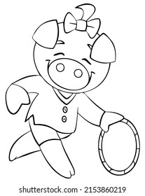 Playing pig. Element for coloring page. Cartoon style.