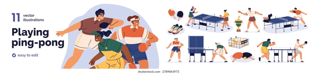 Playing ping-pong set. Table tennis, indoor sport game. Pingpong players, male and female athletes training. Match with rackets and balls. Flat vector illustration isolated on white background