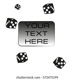 Playing pocker black dices on the white background and place for text. Vector game illustration with cubes.