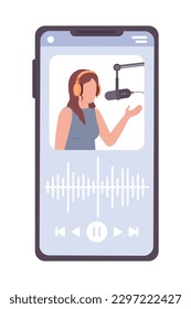 Reproduciendo episodio de podcast en pantalla de dispositivo vector de color semi-plano de smartphone. Icono modificable. Elemento de tamaño completo sobre blanco. Ilustración puntual simple de estilo de dibujos animados para diseño gráfico web y animación