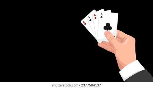 Playing poker card in man hand. Four of a kind. Clubs, hearts, wines, diamonds ace. Gambling in royal casino, lucky entertainment, play blackjack game. Dark background. Vector illustration