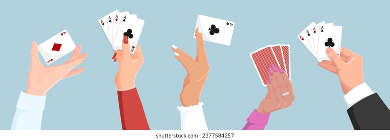 Jugando la tarjeta de póquer en la mano de la gente. Hombre y mujer juegan al juego del blackjack. Cuatro de una especie. Clubes, corazones, vinos, diamantes. Apuestas en casino, entretenimiento con suerte. Fondo azul. Ilustración del vector