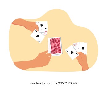 Pokerkarten mit Freunden spielen, Strategie und Glück gemeinsam gewinnen. Zeichendesign. Vektorflache Illustration.