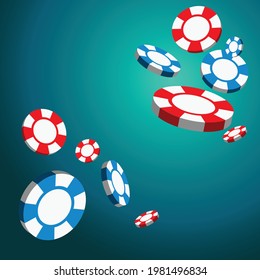 Jugando fichas de póquer en fondo azul