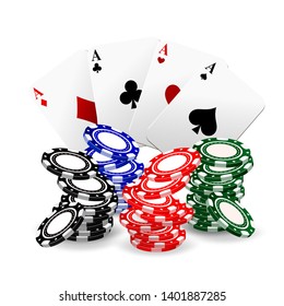 Playing poker set, casino gambling realistic 3D colorful chips and cards on the background
