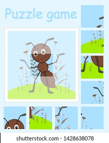 Playing puzzle with a picture with ant in a cartoon style.