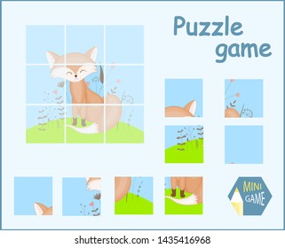 Playing puzzle with a picture with fox in a cartoon style.