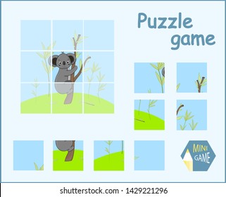 Playing puzzle with a picture with koala in a cartoon style.