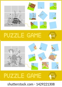 Playing puzzle with a picture with turtle and bear in a cartoon style.