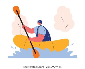 Playing rafting using rubber boat, extreme sports vector illustration.