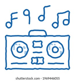 Playing Record Player And Musical Notes sketch icon vector. Hand drawn blue doodle line art isolated symbol illustration