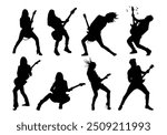 Playing rock guitar electric silhouette vector illustration. Electric guitar player Isolated object on white background.