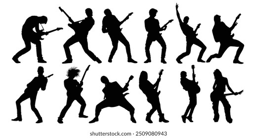 Playing rock guitar electric silhouette vector illustration. Isolated object on white background.