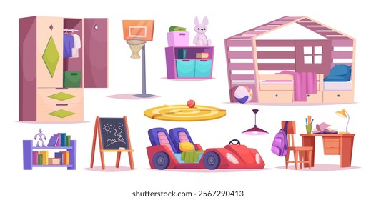 Playing room. Interior modern furniture for kids room exact vector toys bed chairs sofas tables collection