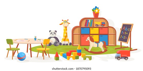 Playing room. Kindergarten classroom furniture with toys, carpet, table and chalkboard. Cartoon kids preschool interior vector illustration. Playroom with cubes, horse, giraffe toys