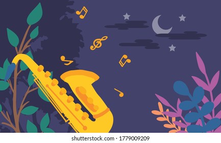 Playing Sax in The Night Forest Vector Illustration