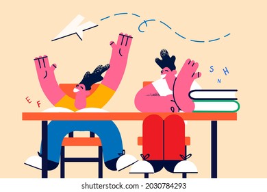 Playing in school class concept. Smiling school children sitting at class playing with paper airplanes together feeling excited and playful vector illustration 