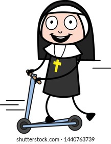 Playing with Scooter - Cartoon Nun Lady Vector Illustration