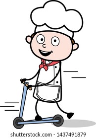 Playing with Scooter - Cartoon Waiter Male Chef Vector Illustration