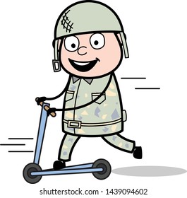 Playing with Scooter - Cute Army Man Cartoon Soldier Vector Illustration