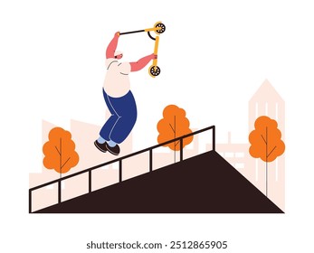 Playing scooter in free style on special track, extreme sports vector illustration.