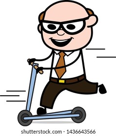 Playing with Scooter - Retro Cartoon Father Old Boss Vector Illustration