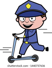 Playing with Scooter - Retro Cop Policeman Vector Illustration