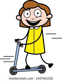 Playing with Scooter - Retro Office Girl Employee Cartoon Vector Illustration