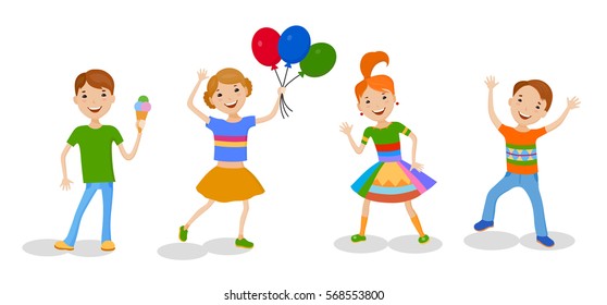 Playing set of little cartoon fun kids in colorful clothes