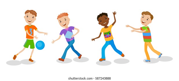 Playing set of little cartoon fun kids in colorful clothes