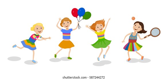 Playing set of little cartoon fun kids in colorful clothes