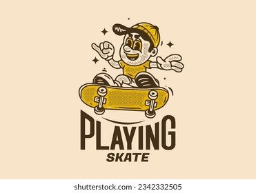 Playing skate, Mascot character design of a boy on a skateboard