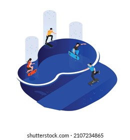 Playing skateboard in metaverse isometric 3d vector concept for banner, website, illustration, landing page, flyer, etc.