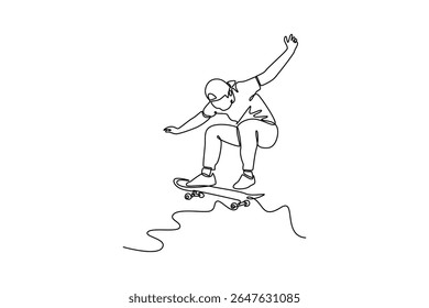 Jogando Skate. Conceito de atividade física. Design de desenho de linha única. Ilustração gráfica vetorial