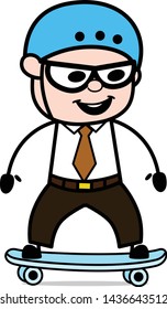Playing with Skateboard - Retro Cartoon Father Old Boss Vector Illustration
