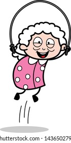 Playing Skipping Rope - Old Woman Cartoon Granny Vector Illustration