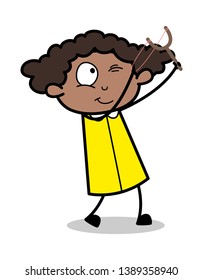 Playing with Slingshot - Retro Black Office Girl Cartoon Vector Illustration