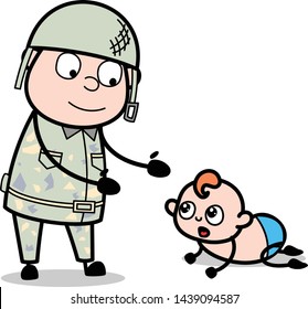 Playing with Small Baby - Cute Army Man Cartoon Soldier Vector Illustration