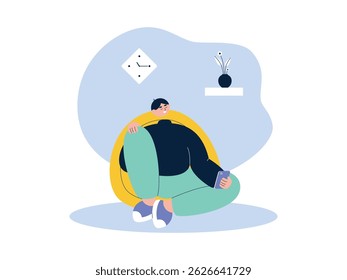 Jogando com um smartphone até você adormecer, ilustração de vetor de preguiça.