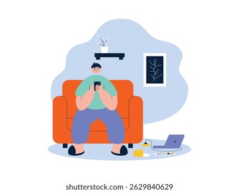 Jogando smartphone sem limpar coisas bagunçadas e comida dispersa, ilustração de vetor de preguiça.