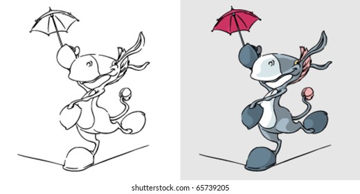 Playing smile and happy donkey with Umbrella cartoon vector illustration. Hand drawn colored art character easy editable for book.